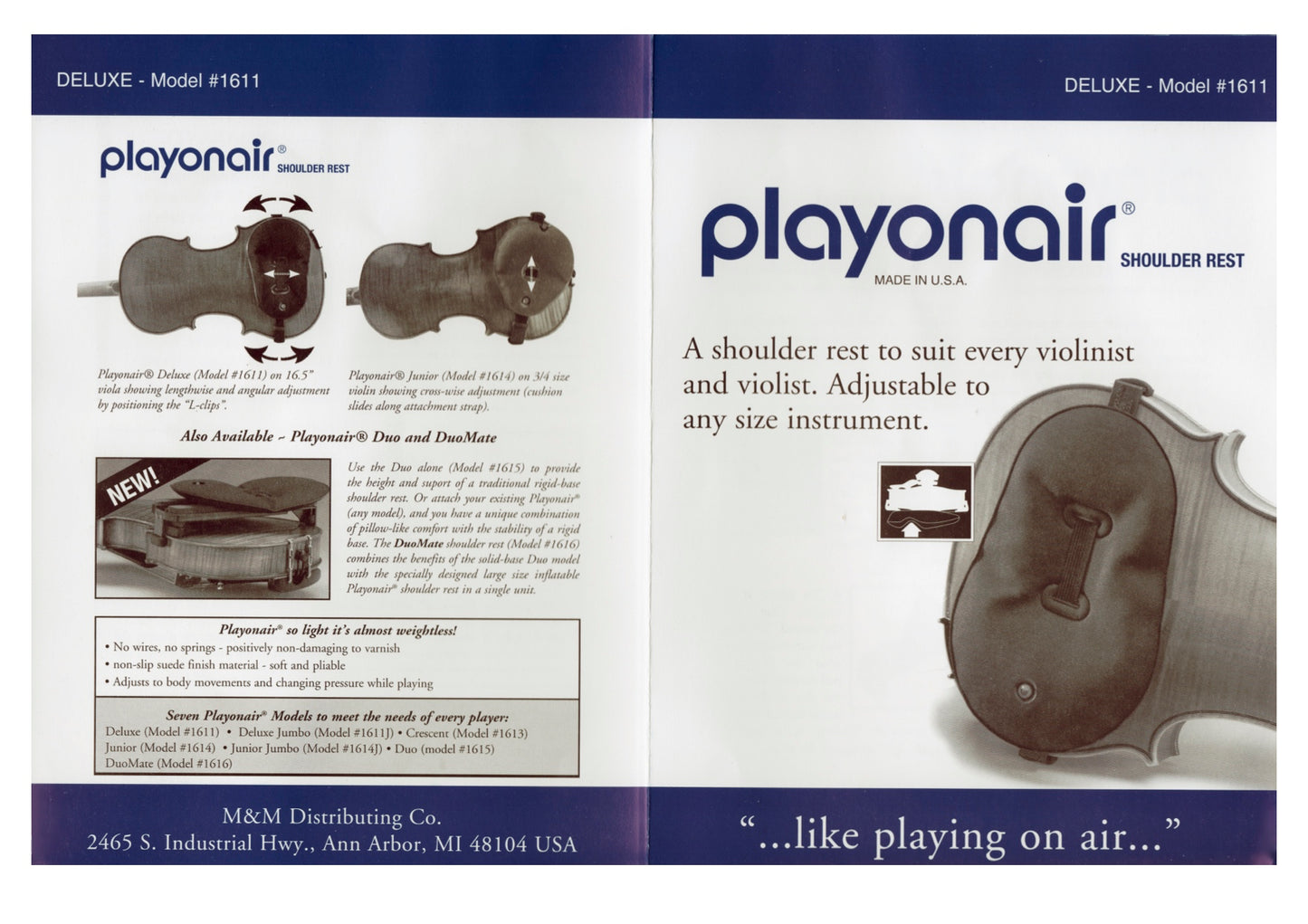 Playonair violin viola shoulder rest deluxe Model #1611 fits all sizes