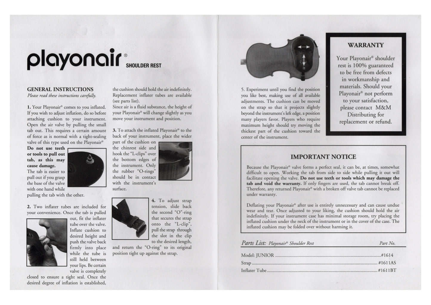 Black Playonair violin viola shoulder rest Junior model #1614 fits all sizes