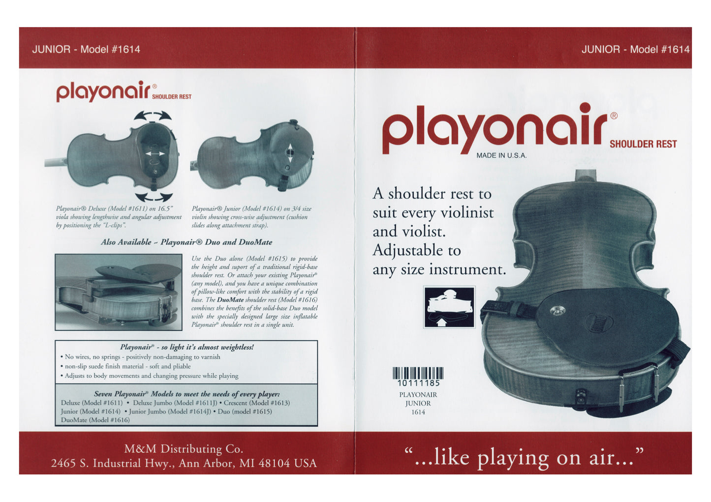 Black Playonair violin viola shoulder rest Junior model #1614 fits all sizes