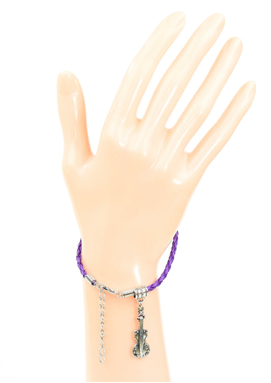 Purple braided leather bracelet with violin charm & lobster claw clasp