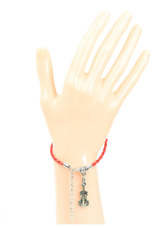Red braided leather bracelet with violin charm & lobster claw clasp