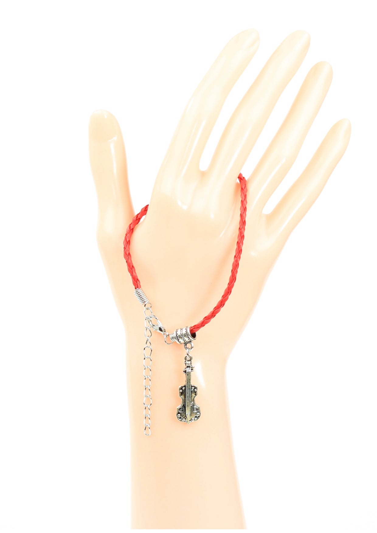 Red braided leather bracelet with violin charm & lobster claw clasp
