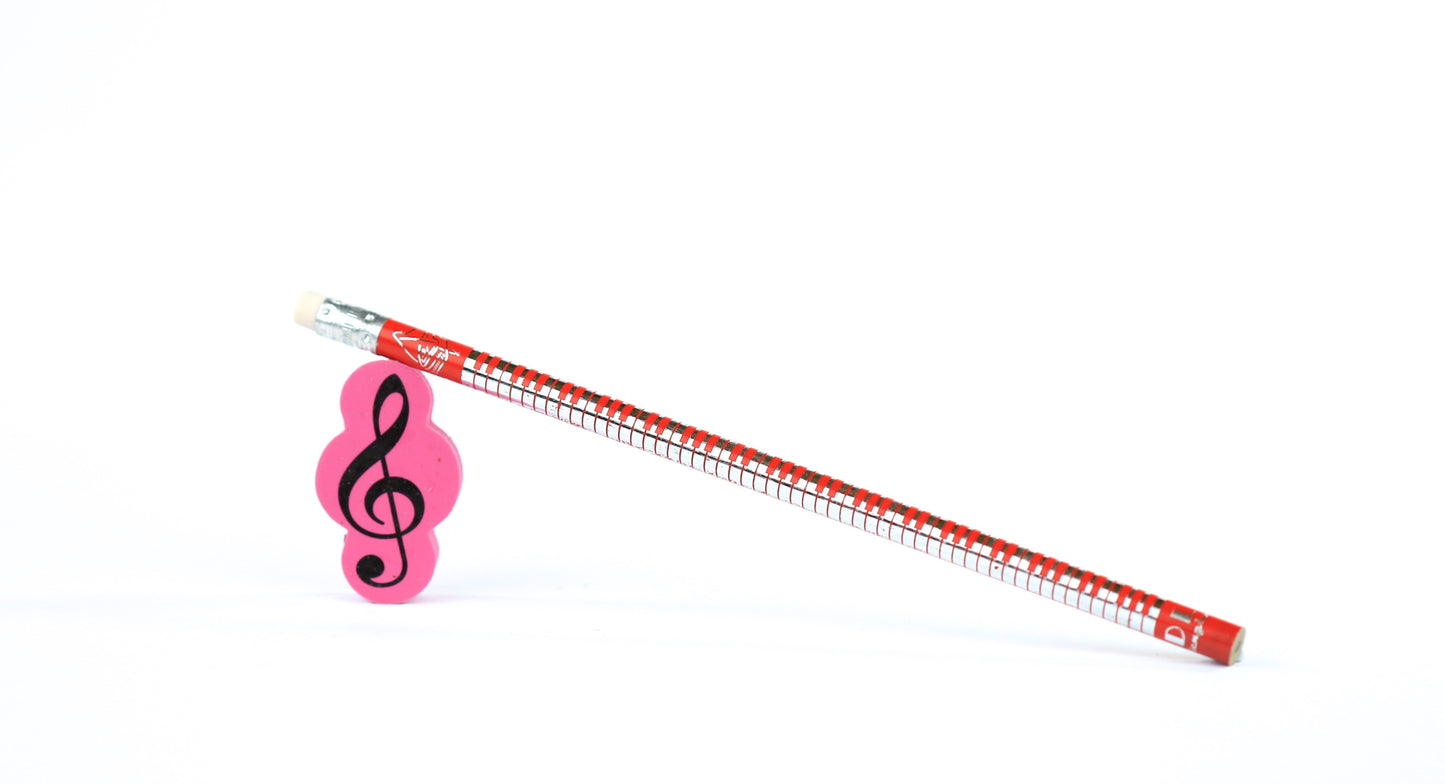 Stationery set red HB music keyboard print pencil & pink treble clef eraser