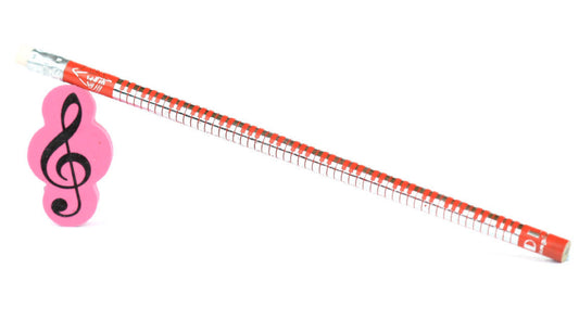 Stationery set red HB music keyboard print pencil & pink treble clef eraser