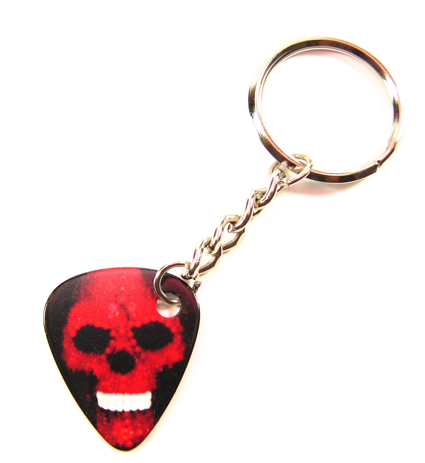 Playable red skull guitar pick keyring with tough chain links & split ring.
