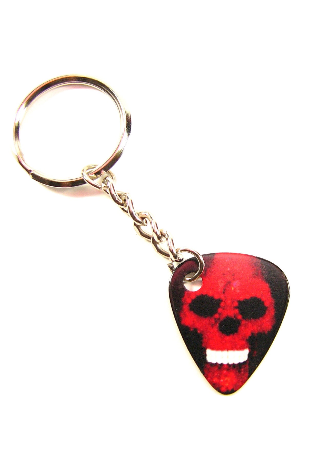 Playable red skull guitar pick keyring with tough chain links & split ring.