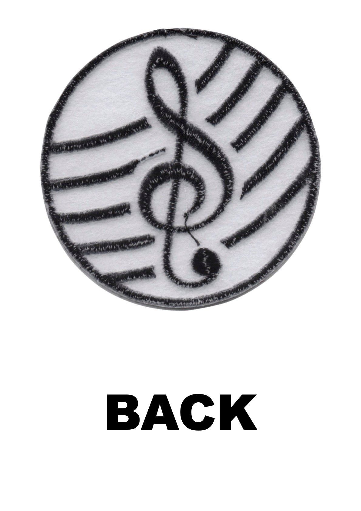 AIM Gifts brand round black and white embroidered music treble clef iron on patch