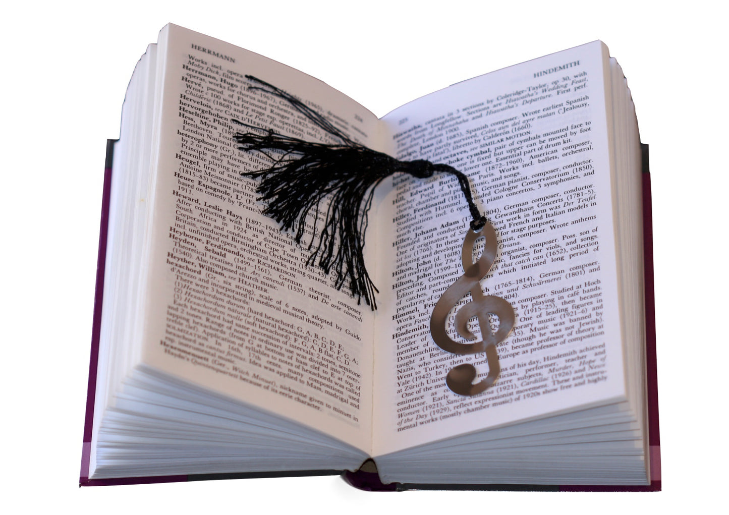 Polished stainless steel treble clef bookmark with black tassel & gift box