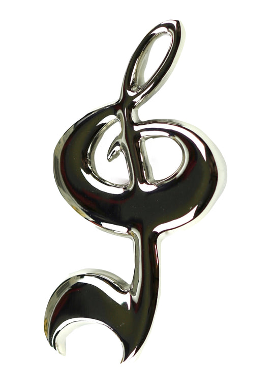 Chrome music treble clef bottle opener in golden drawstring pouch