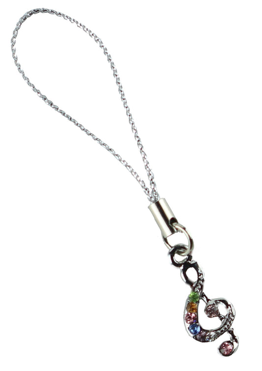 Mobile phone charm music treble clef encrusted with coloured bling