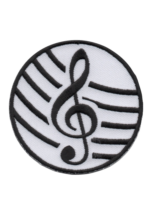 AIM Gifts brand round black and white embroidered music treble clef iron on patch