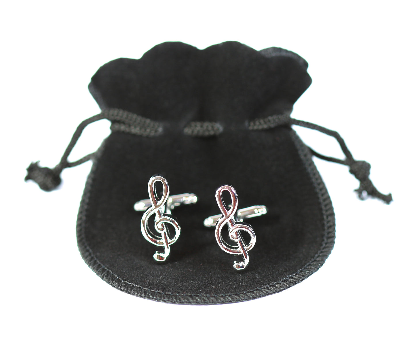 Set of 2 metal swivel bar treble clef cufflinks in black velour gift pouch