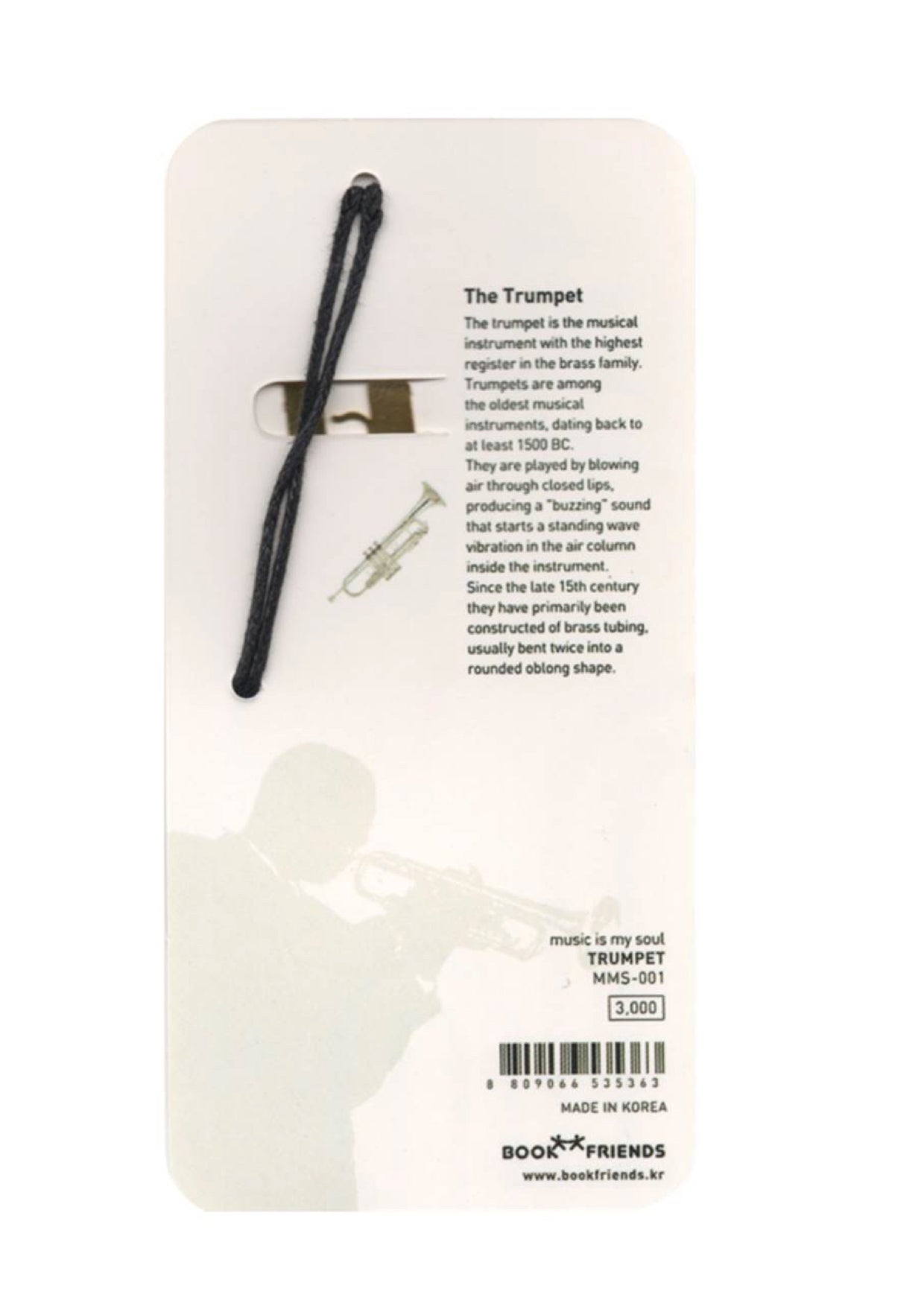 Polished gold coloured metal trumpet bookmark with black tassel