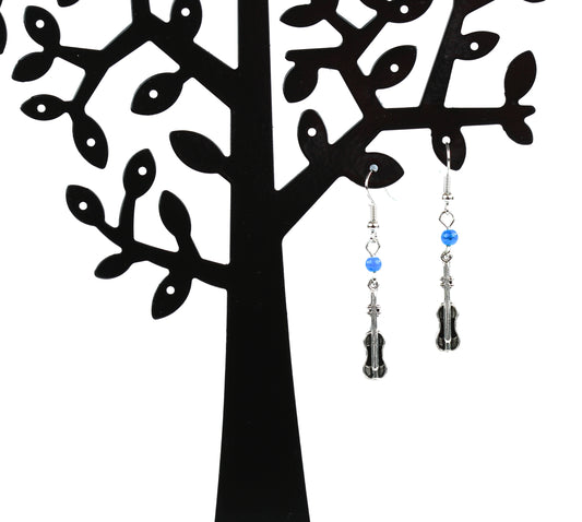 Blue bead violin drop earrings ear wire hook inc free white lace pouch
