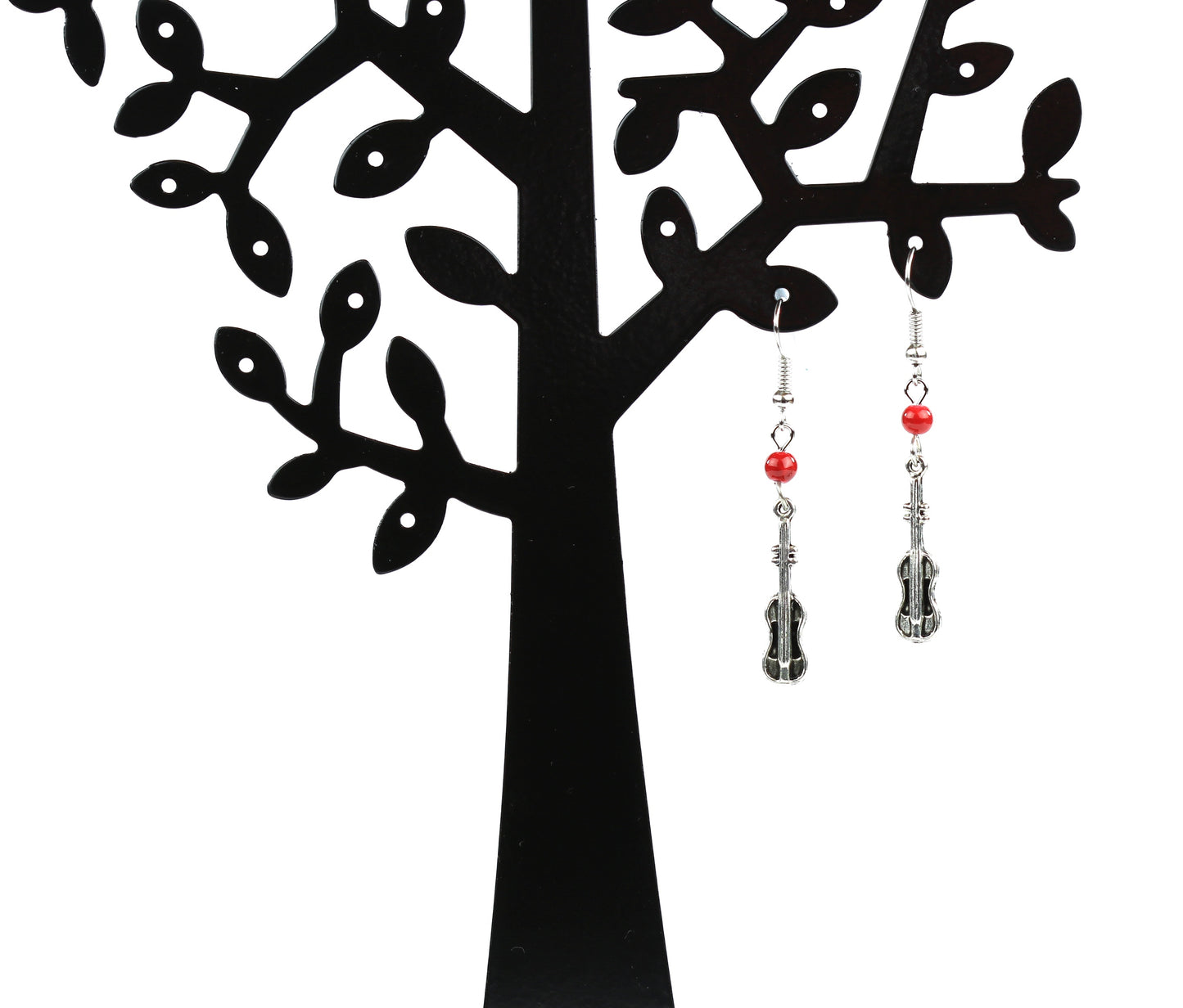 Red bead violin drop earrings ear wire/hook free white lace pouch