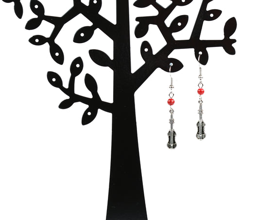 Red bead violin drop earrings ear wire/hook free white lace pouch