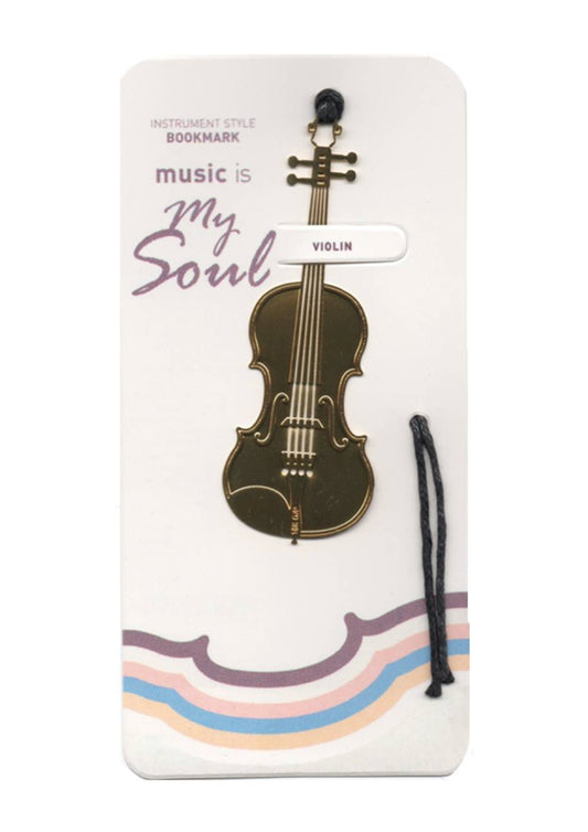 Polished gold metal violin bookmark with black tassel cord