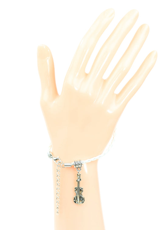 White braided leather bracelet with violin charm & lobster claw clasp