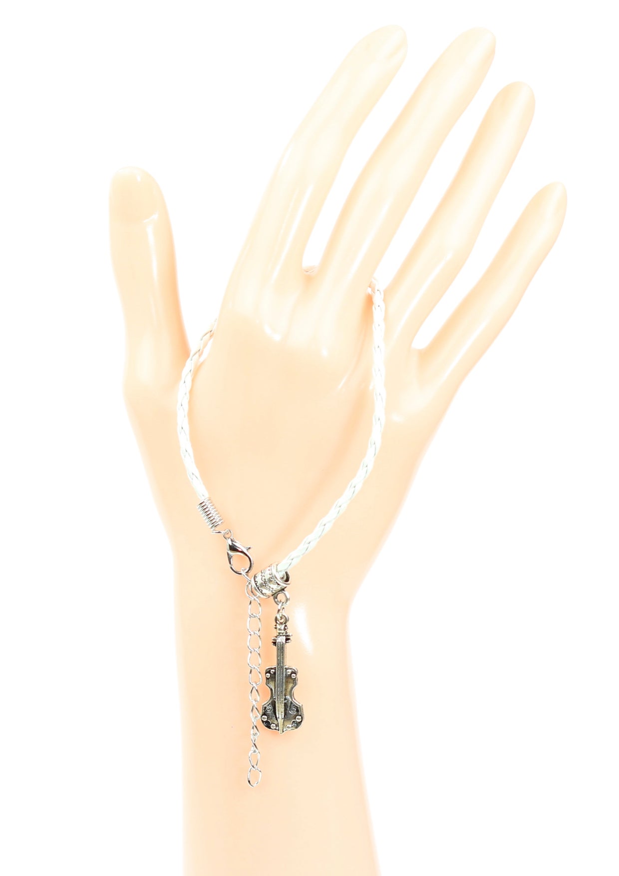 White braided leather bracelet with violin charm & lobster claw clasp