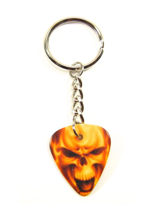 Playable yellow skull guitar pick keyring with tough chain links & split ring.