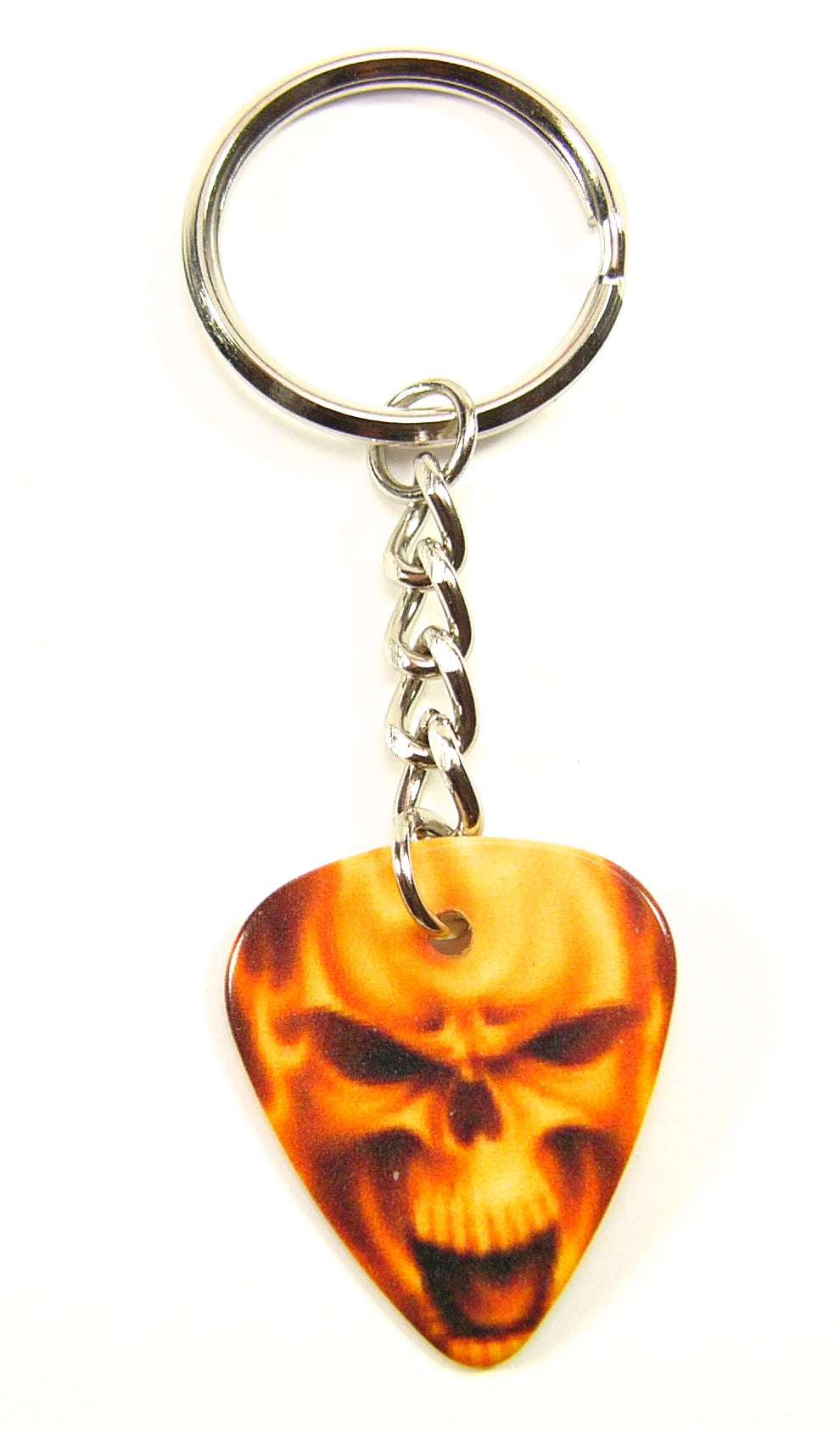 Playable yellow skull guitar pick keyring with tough chain links & split ring.