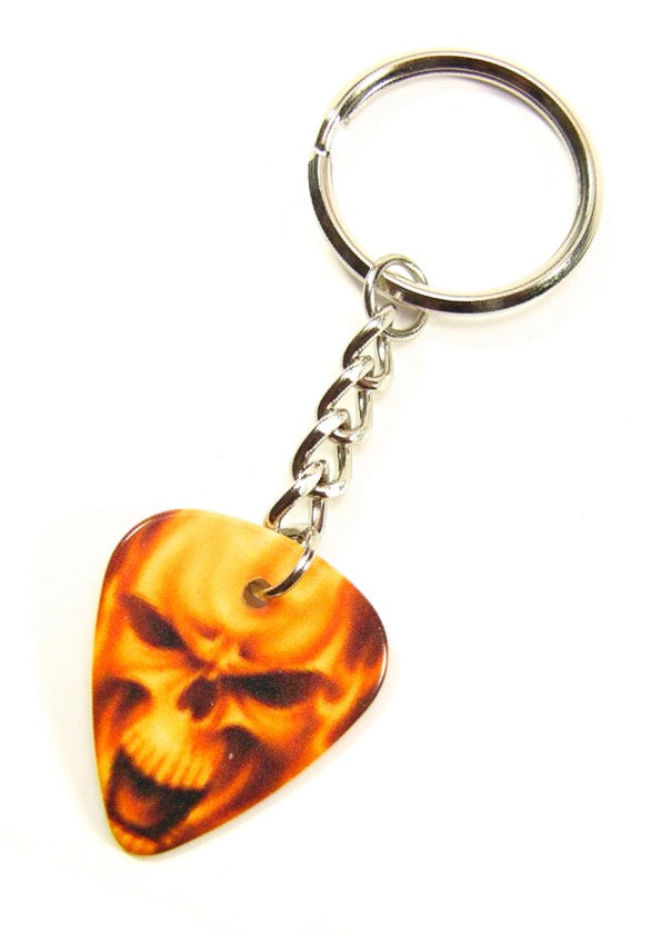 Playable yellow skull guitar pick keyring with tough chain links & split ring.