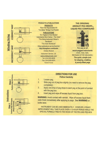 Ardsley Violin Viola Cello peg drops compound 9.85ml bottle instructions included
