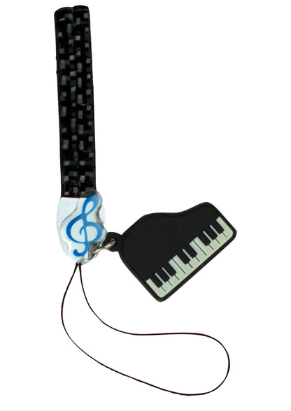 Black crystal bling mobile phone strap with rubber piano instrument charm