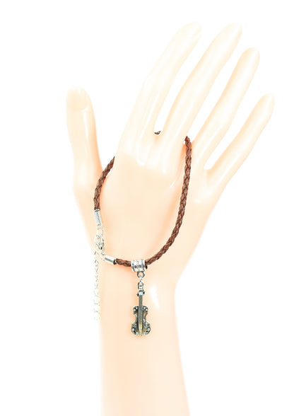 Brown braided leather bracelet with violin charm & lobster claw clasp