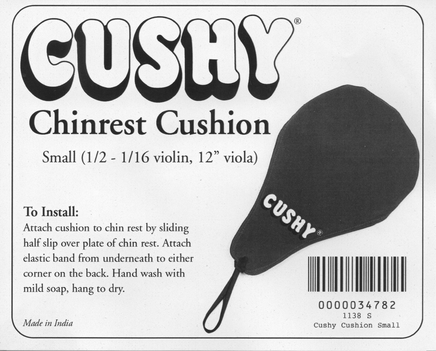 CUSHY Small black 1/2 - 1/16 violin 12” viola chinrest pad cushion elastic strap