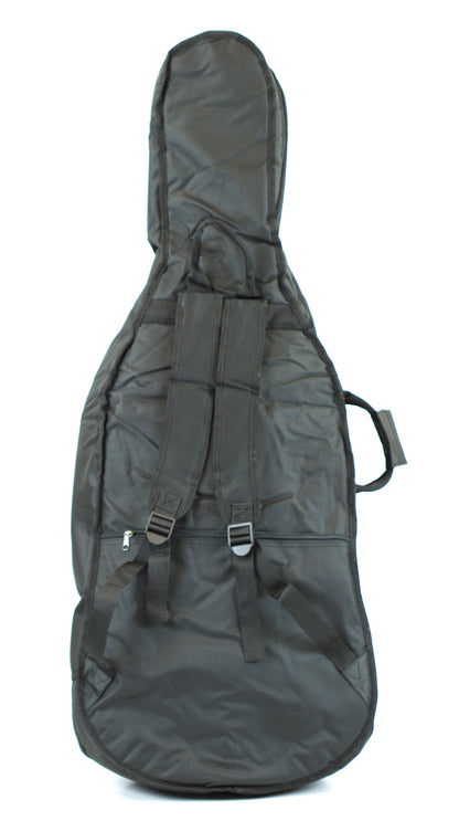 Quality black 4/4 size padded cello bag case - back straps & 2 bow holders