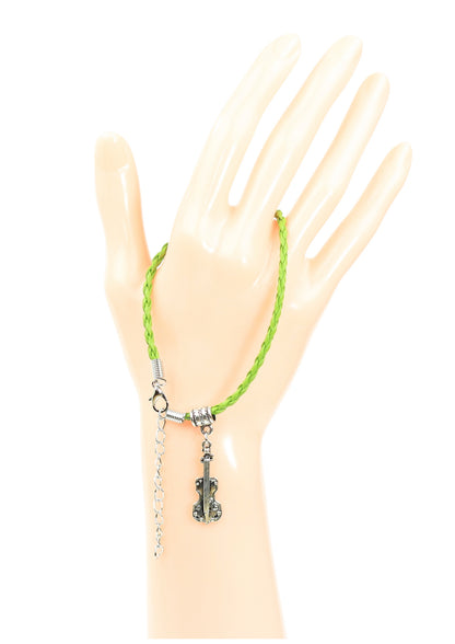 Green braided leather bracelet with violin charm lobster claw clasp