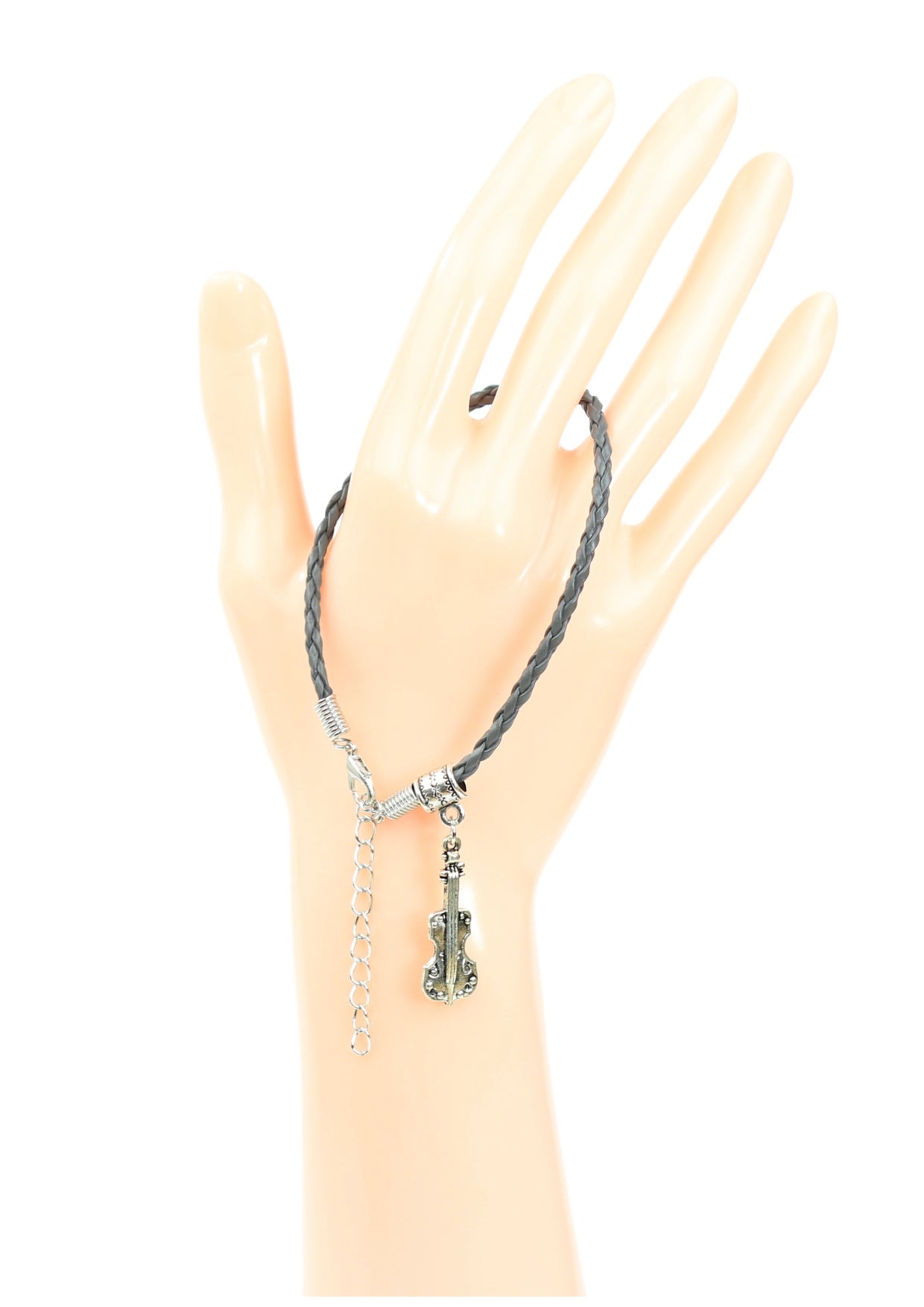Grey braided leather bracelet with violin charm & lobster claw clasp