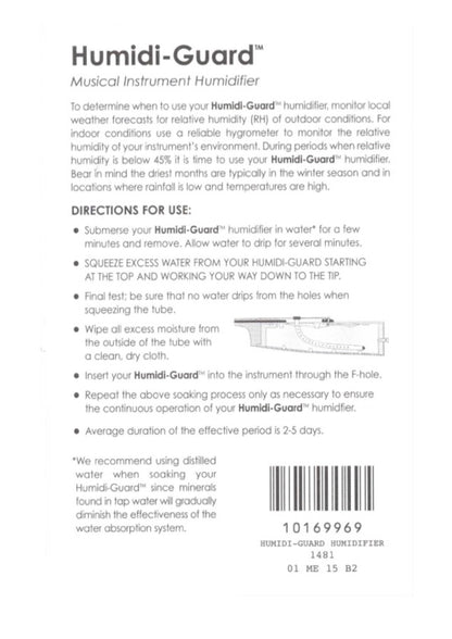 Humidi-Guard Humidifier for 4/4-3/4 size Violin & 13"and larger Viola