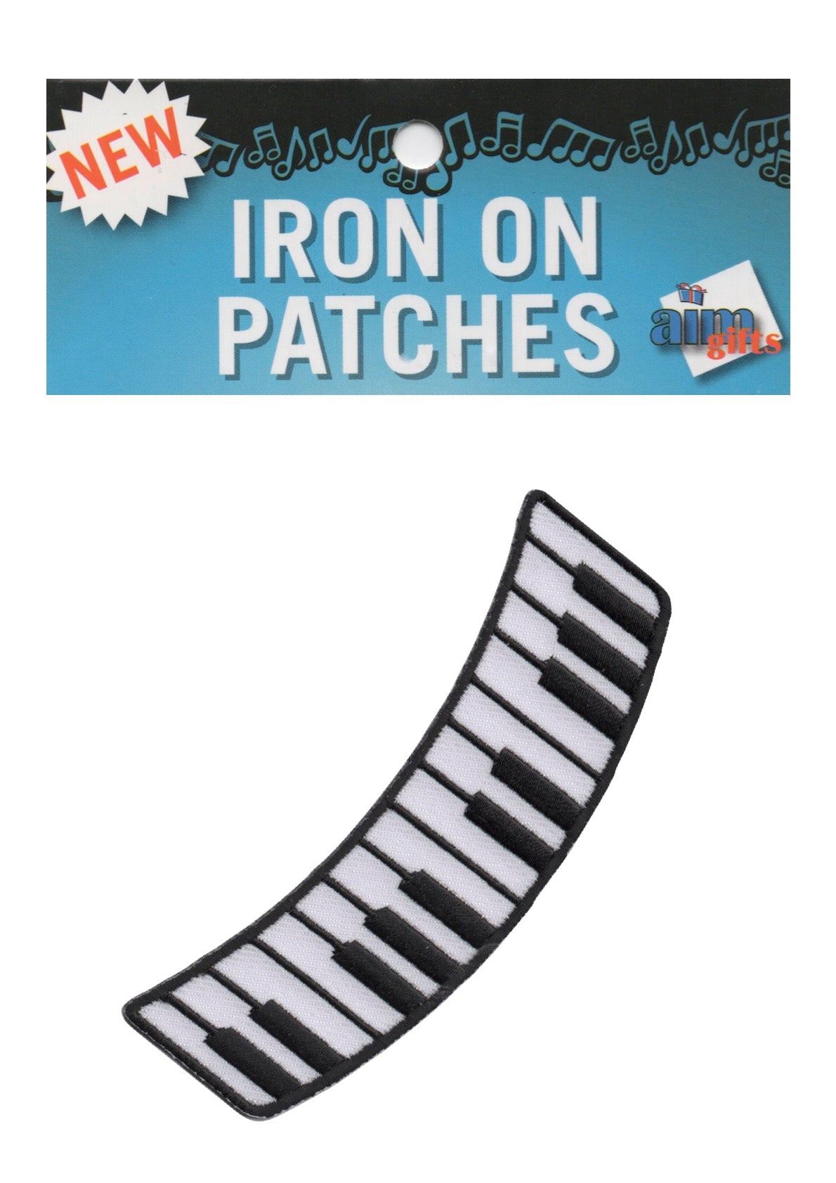 AIM Gifts brand curved black and white embroidered music piano keyboard iron on patch