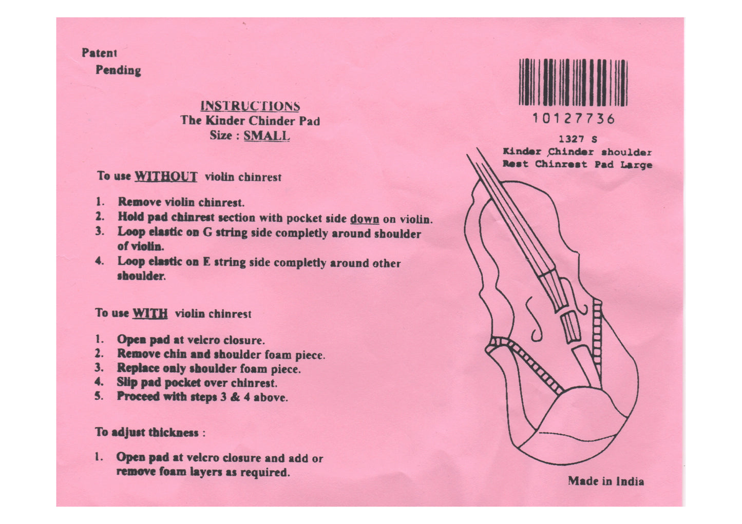 Kinder Chinder Small brown 1/2 - 1/16 violin 12” viola chinrest pad