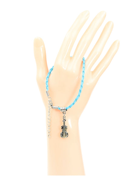 Light blue braided leather bracelet with violin charm & lobster claw clasp