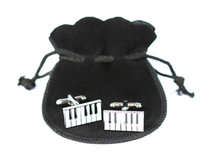 Set of 2 metal swivel barrel piano keyboard cufflinks in black velour gift pouch
