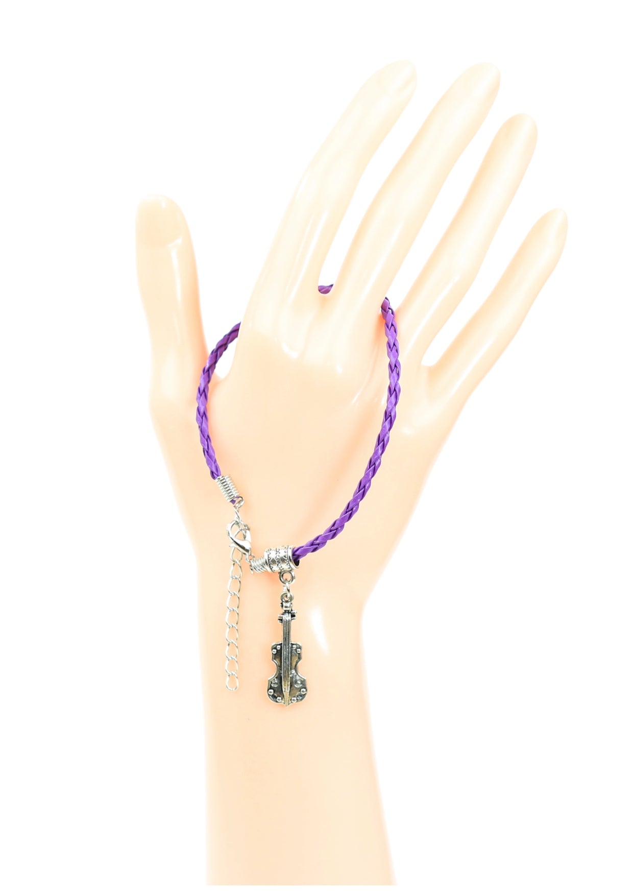 Purple braided leather bracelet with violin charm & lobster claw clasp