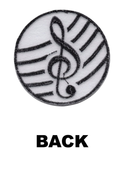 AIM Gifts brand round black and white embroidered music treble clef iron on patch