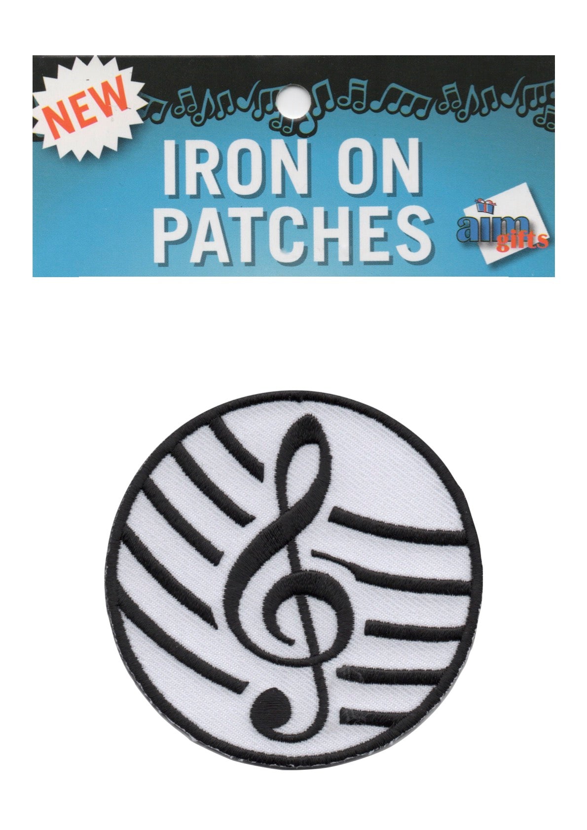AIM Gifts brand round black and white embroidered music treble clef iron on patch