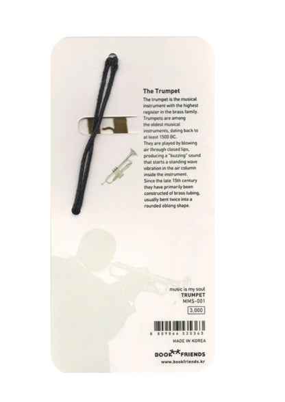 Polished gold coloured metal trumpet bookmark with black tassel
