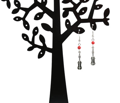 Red bead violin drop earrings ear wire/hook free white lace pouch