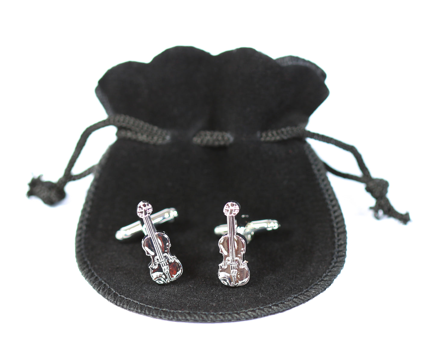 Set of 2 metal swivel barrel violin viola cufflinks in black velour gift pouch