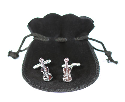 Set of 2 metal swivel barrel violin viola cufflinks in black velour gift pouch