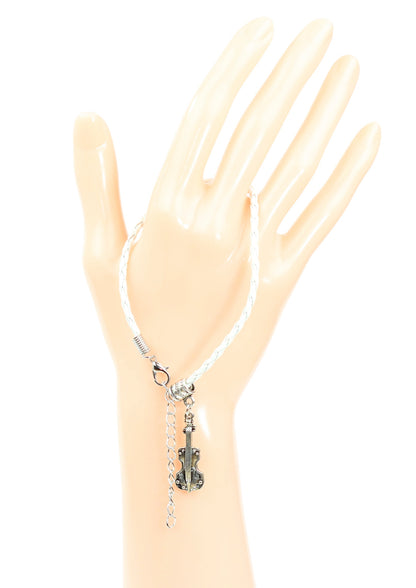 White braided leather bracelet with violin charm & lobster claw clasp