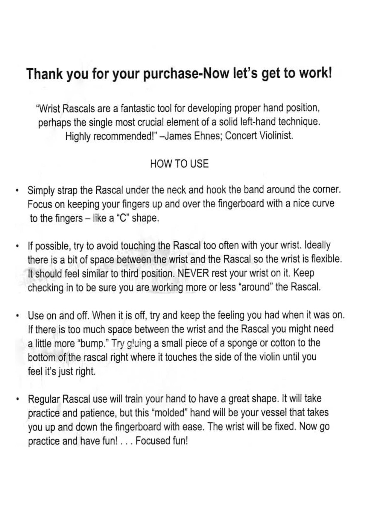 Wrist Rascal 1/4 -1/16 violin left hand posture developing aid